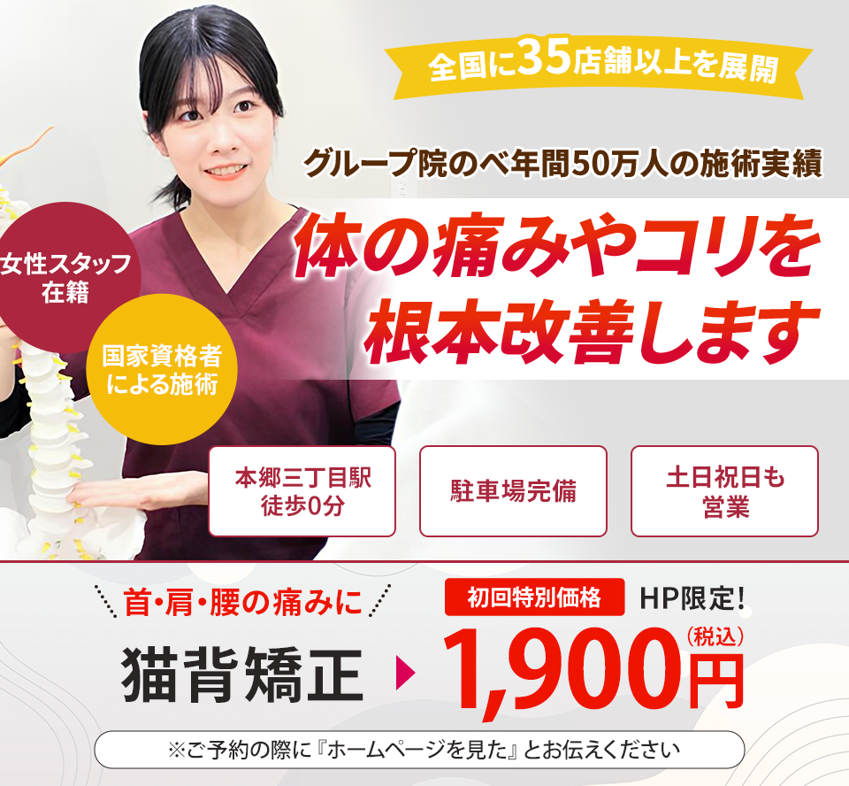 グループ院のべ年間50万人の施術実績 体の痛みやコリを根本改善します